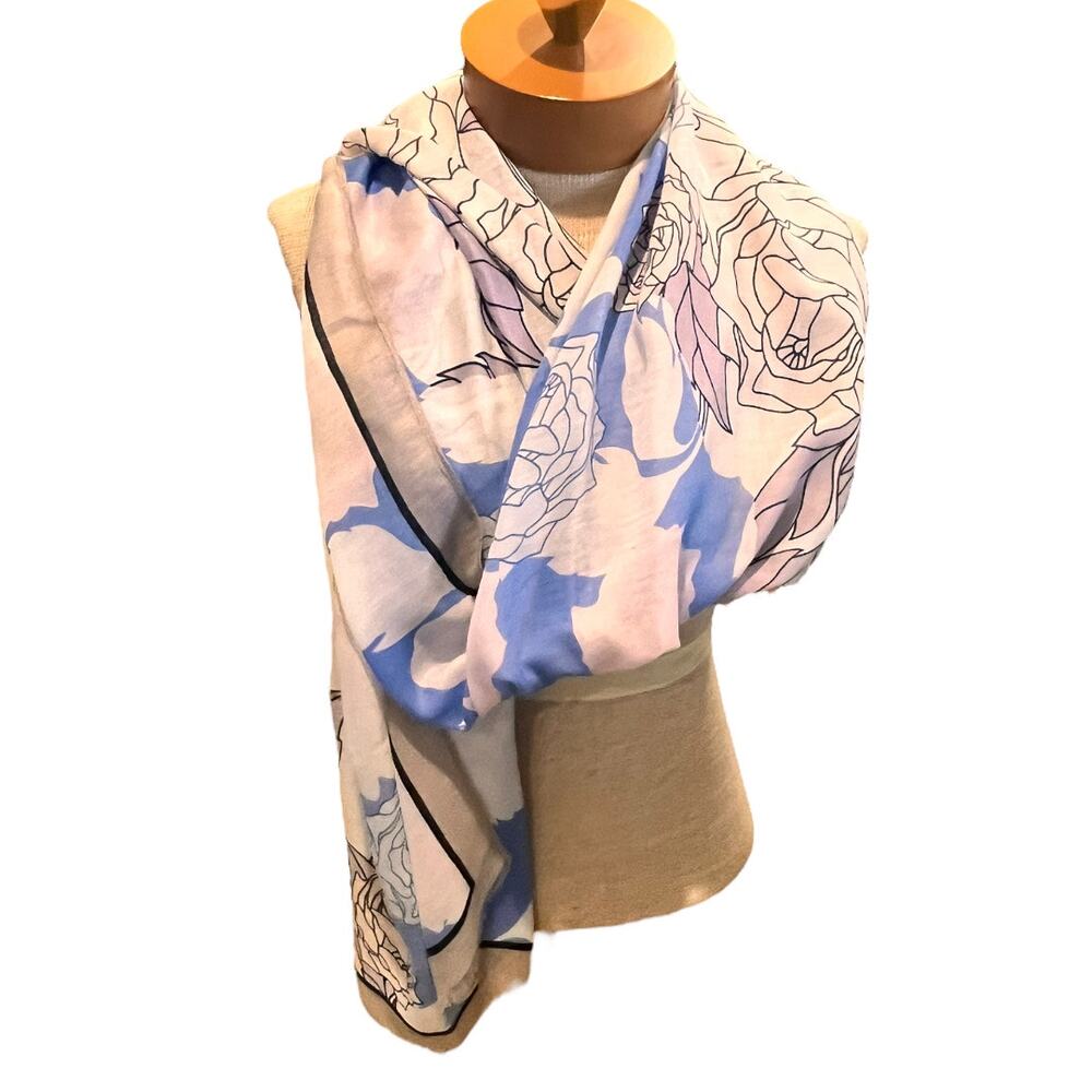 Womens Floral Neck Scarf Shawl Purple Gray Fall Lightweight Blue